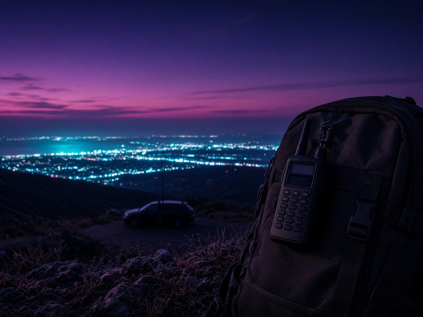 Handheld radio clipped to a backpack overlooking city lights