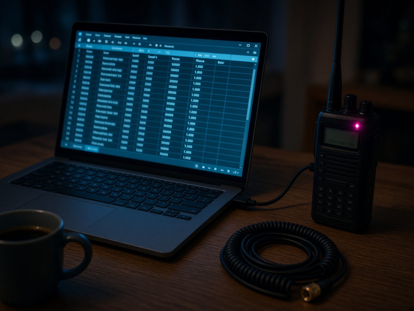 A handheld ham radio on the bench ready for programming
