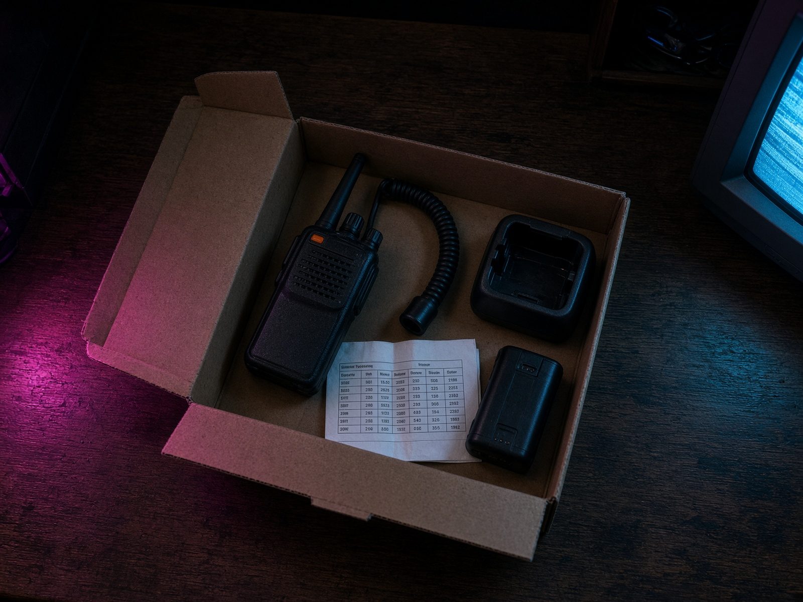 Handheld ham radio being unboxed on a night desk